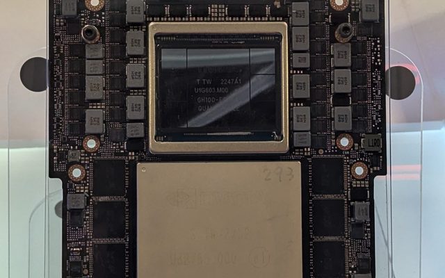 Close-up of an NVIDIA GH200 Grace Hopper Superchip board