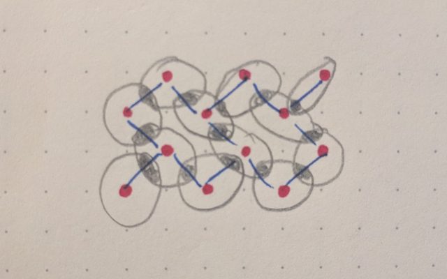 Hand-drawn sketch of a lattice of coupled sites in pencil and ink